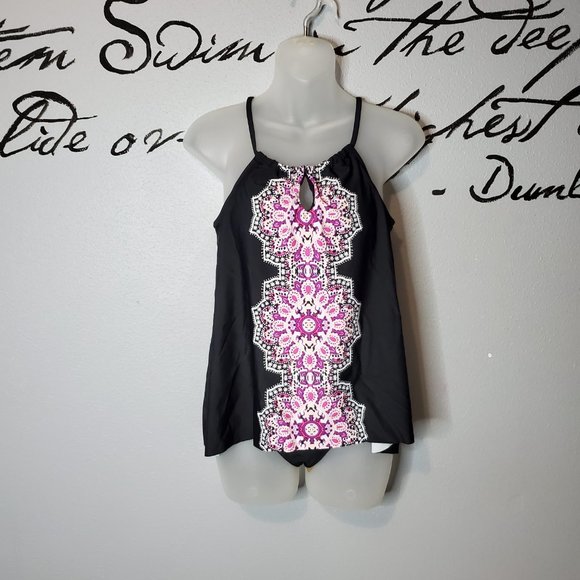NWT Yonique Black & Pink Mandala Design Tankini Swimsuit with Bikini Bottom - Picture 1 of 6